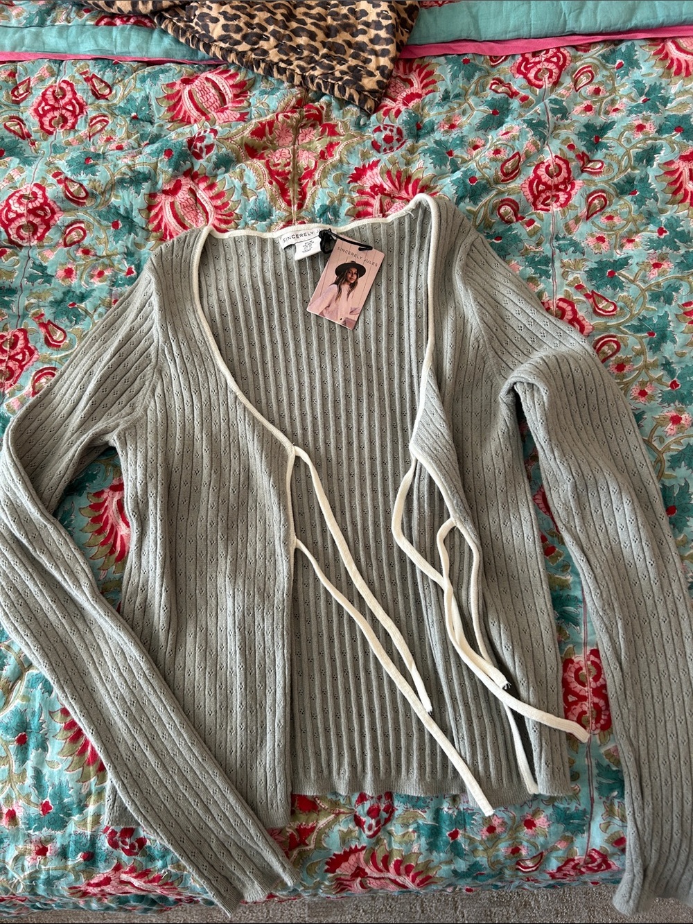 Sincerly Jules Sage Green Tie-Front Ribbed Cardigan